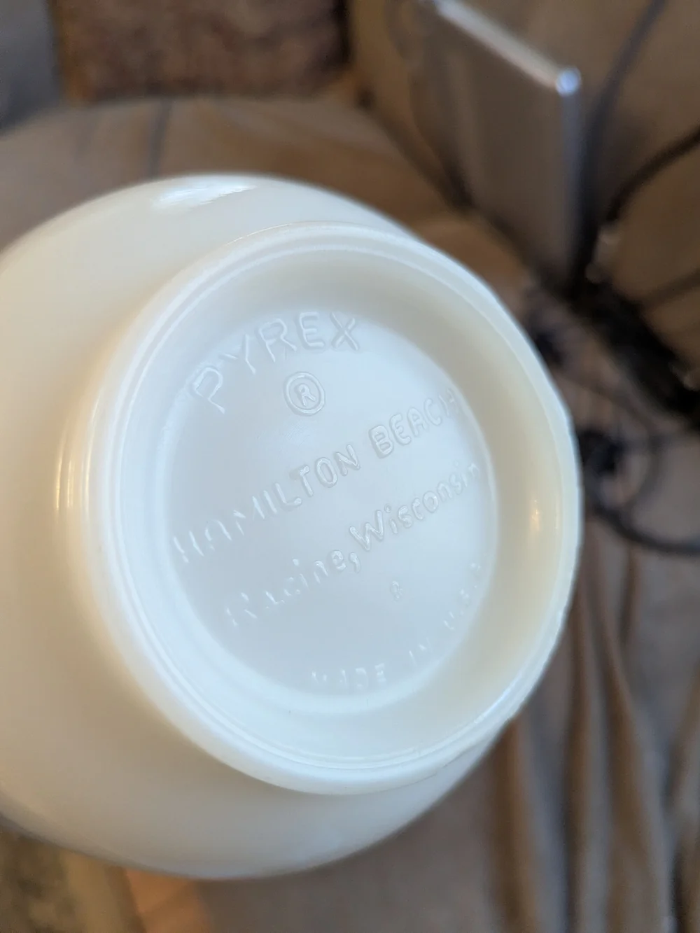 Vintage PYREX Milk Glass Mixing Bowl w/ Spout from Hamilton Beach Stand Mixer